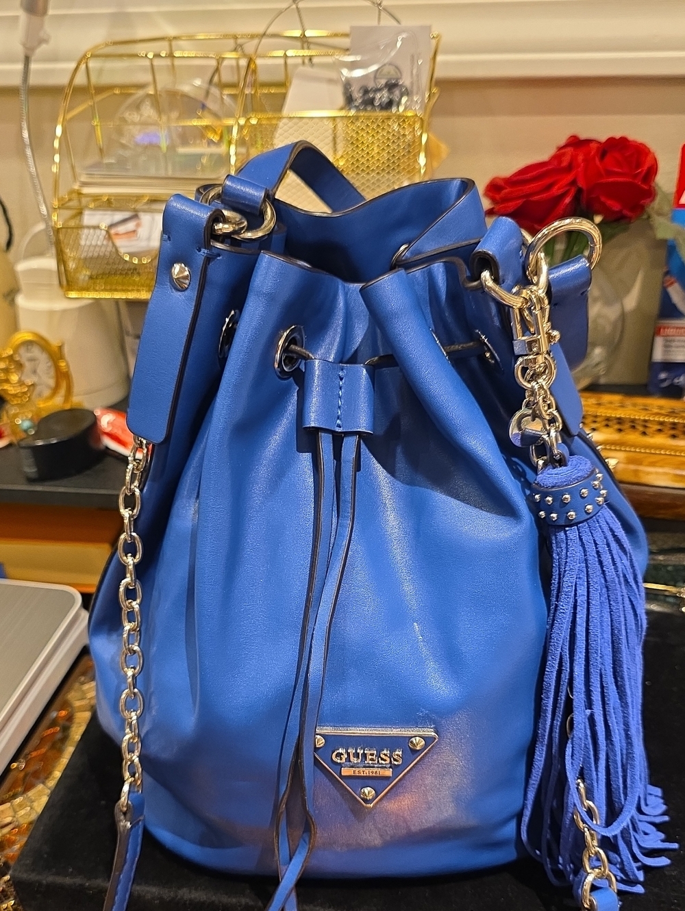GUESS Royal Blue Drawstring Bucket Bag with Tassel